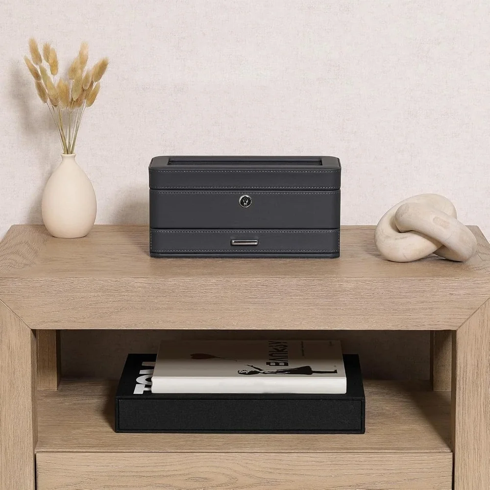 Watch Box Organizer ROTHWELL 4 Slot Carbon Leather Valet Drawer Glass Lid